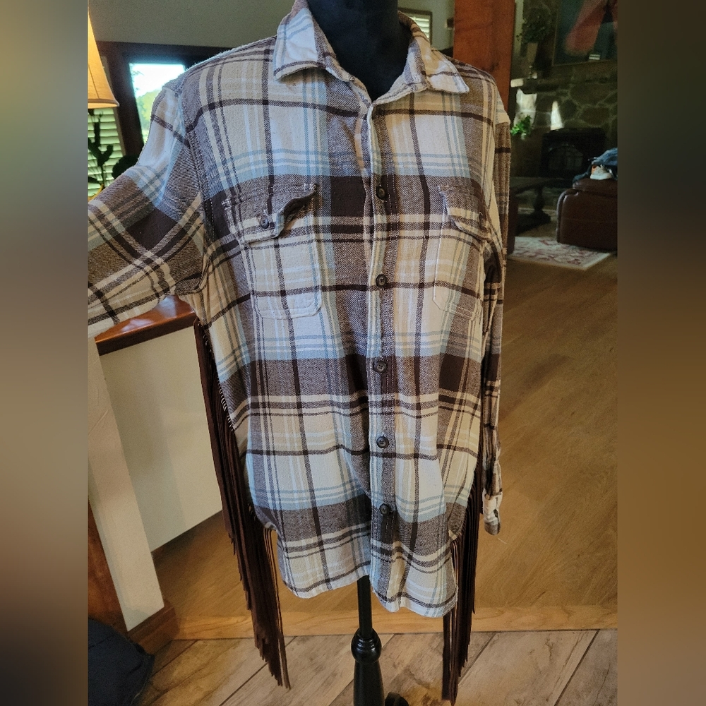 Sonora Distressed Plaid Fringe Button-Up Shirt Large